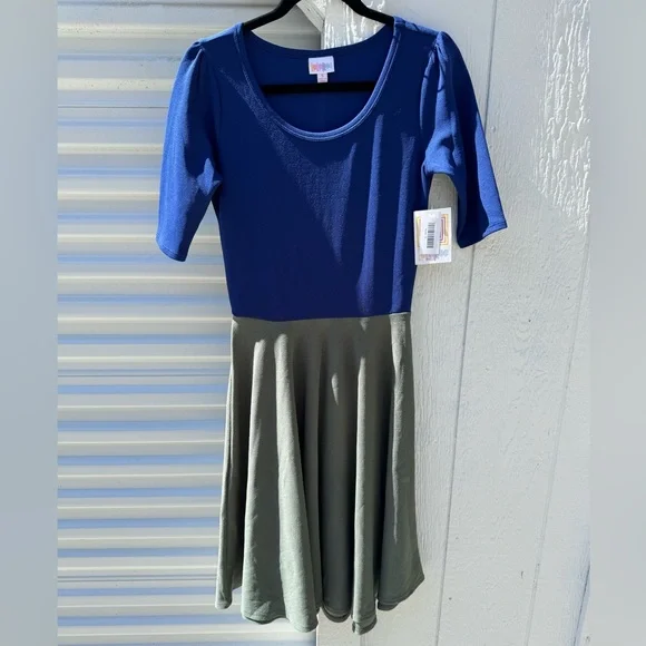 Brand New LuLaRoe Size S Royal Blue and Olive Nicole Dress - Picture 3 of 10